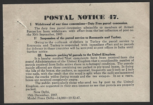 India POSTAL NOTICE No. 47 15th December 1947 Multiple Topics + CIRCULAR No. 49