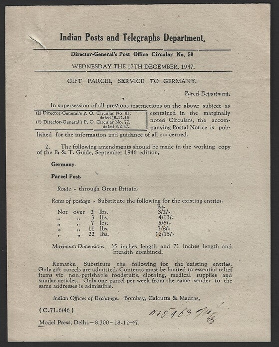 India POSTAL NOTICE No. 48 17 Dec.1947 Gift Parcel Service to Germany + CIRCULAR