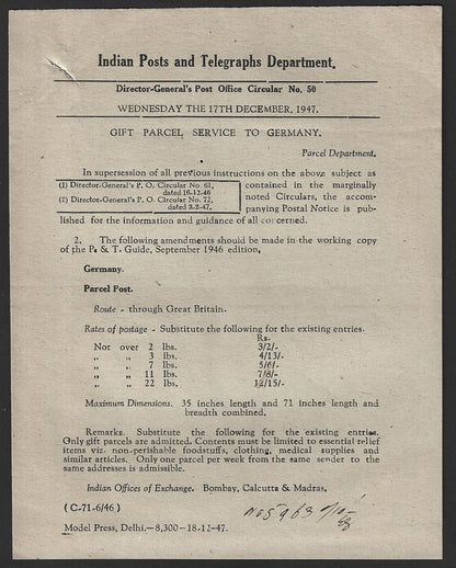 India POSTAL NOTICE No. 48 17 Dec.1947 Gift Parcel Service to Germany + CIRCULAR