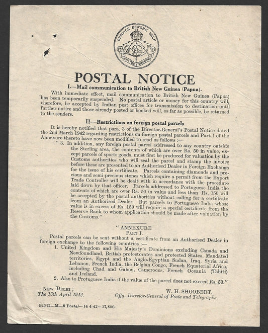 India POSTAL NOTICE 13 Apr 1942 Mail Communication to British New Guiana (Papua)
