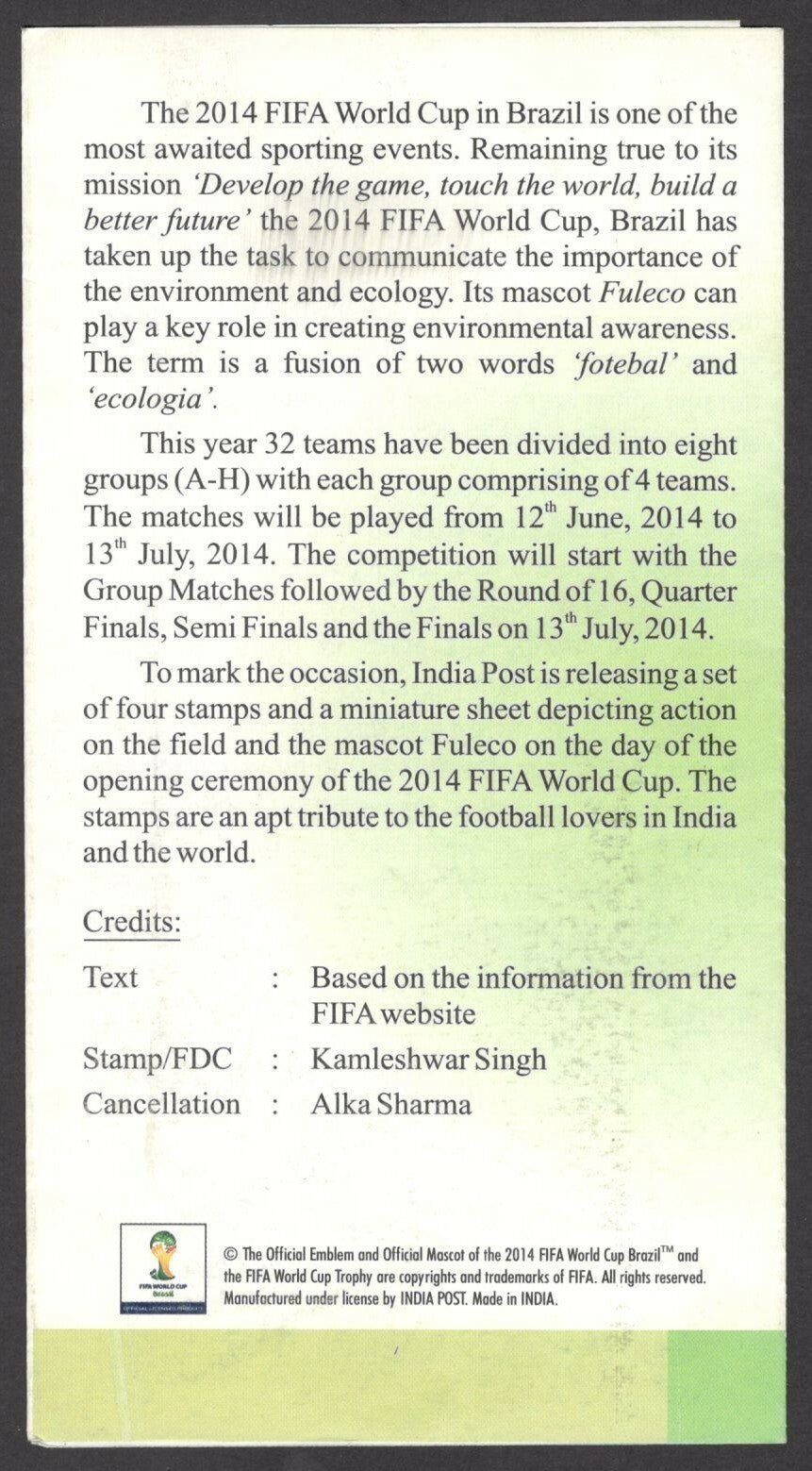 India 2014 Fifa Football World Cup MS on used brochure