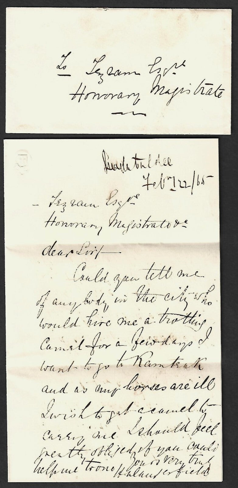 India 1865 letter wanting to hire a trotting camel for a few days