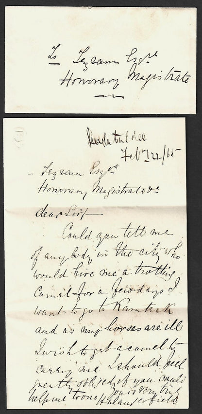 India 1865 letter wanting to hire a trotting camel for a few days