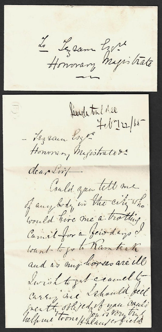 India 1865 letter wanting to hire a trotting camel for a few days