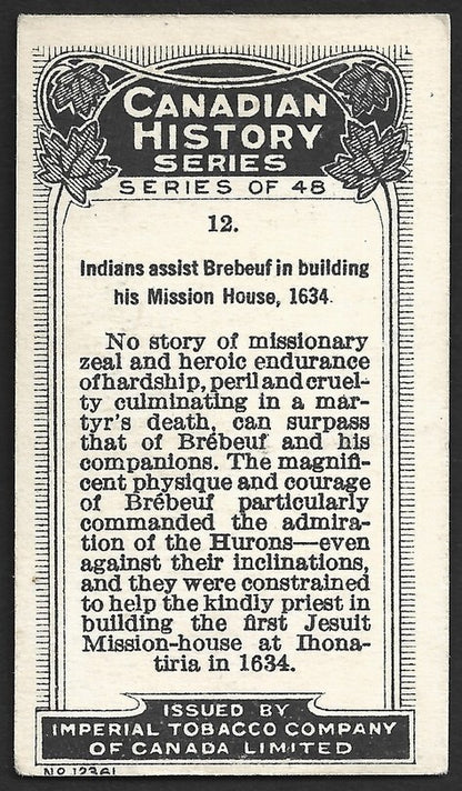 CANADIAN HISTORY 1926 cigarette card Imperial Tobacco INDIANS ASSIST BREBEUF1634