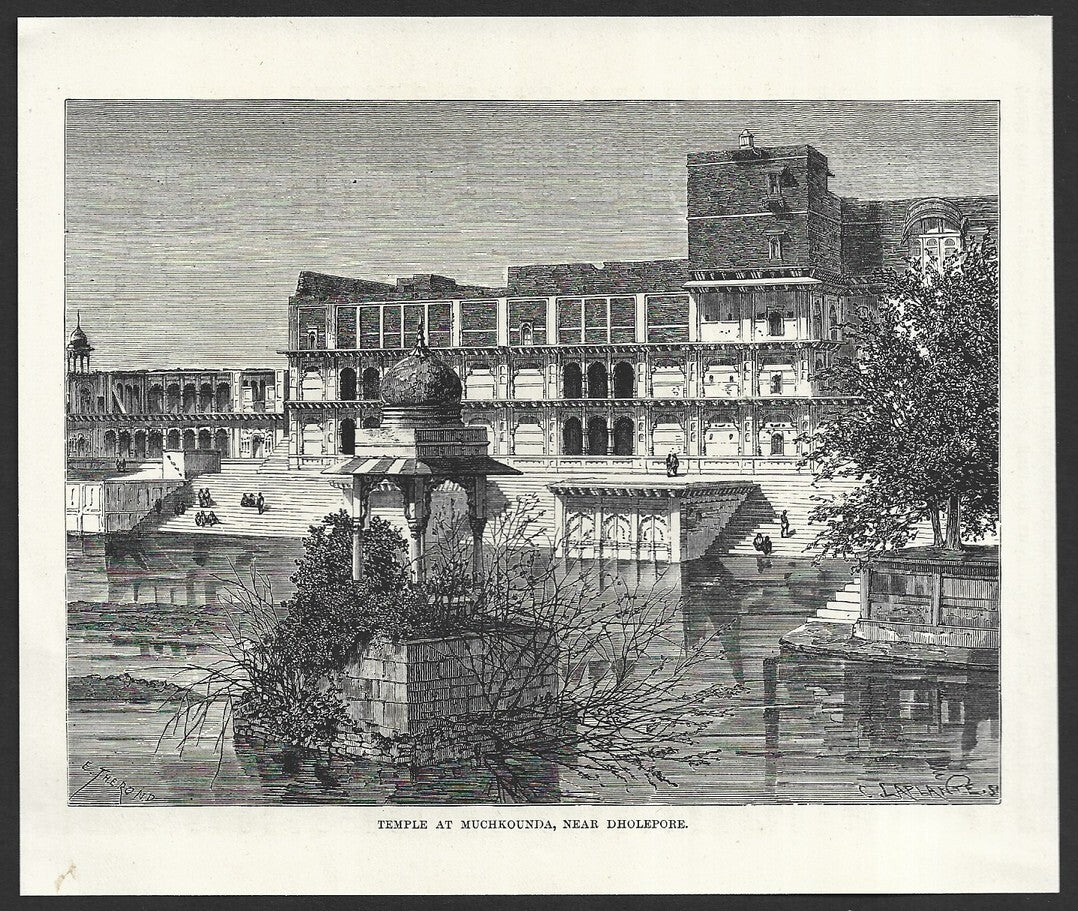 India TEMPLE AT MUCHKOUNDA DHOLEPORE engraved print ex libris Rousslet 1876 6x7"