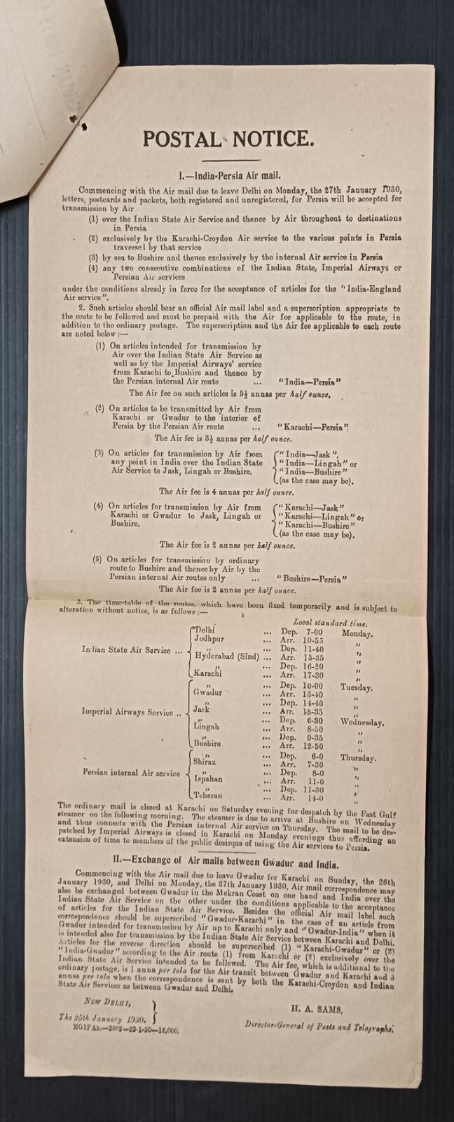 India 1930 POSTAL NOTICE + CIRCULAR Exchange of Air mails wi GWADUR Mekran Coast