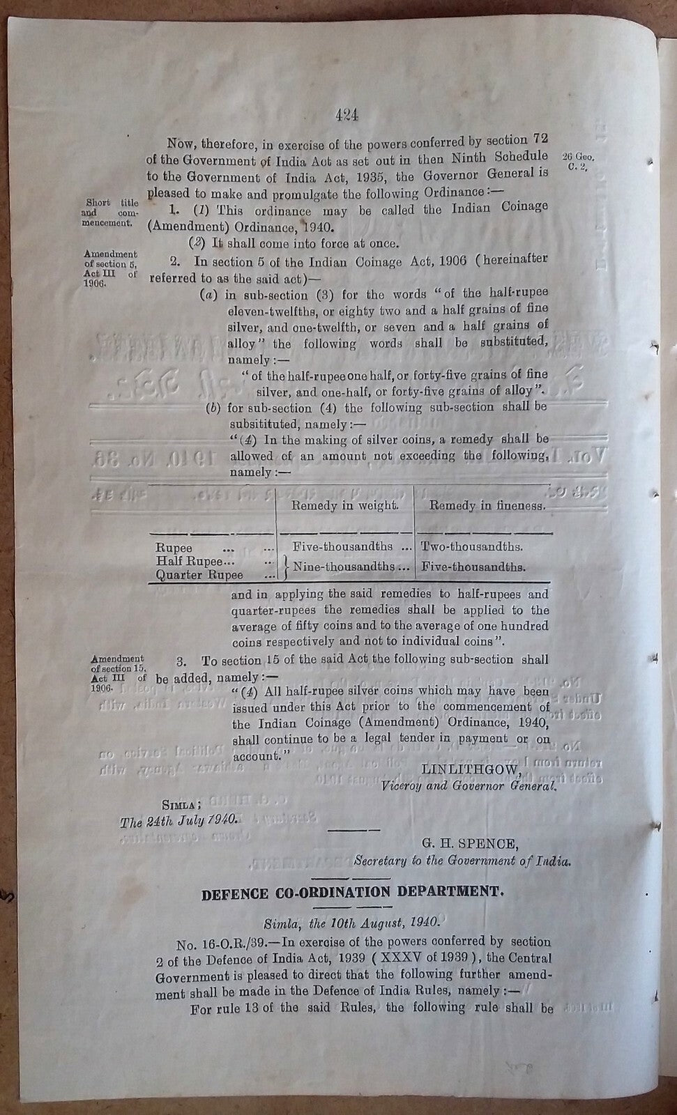 India 1940 WISA Gazette – change in weights & composition of Coins
