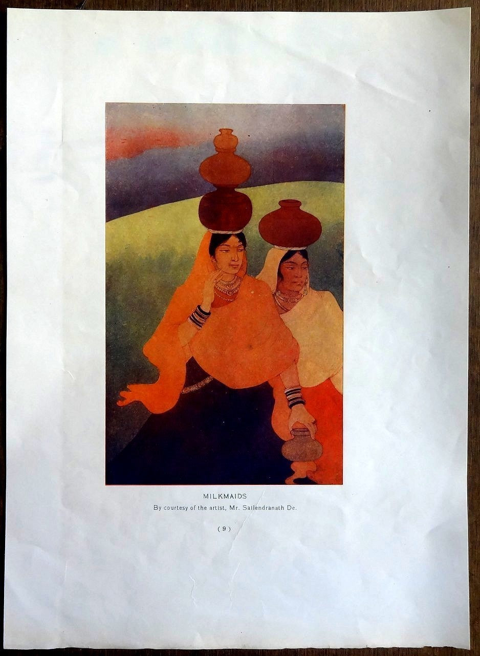 India c.1920s print MILKMAIDS by Sailendranath De  27.5cm x 20cm