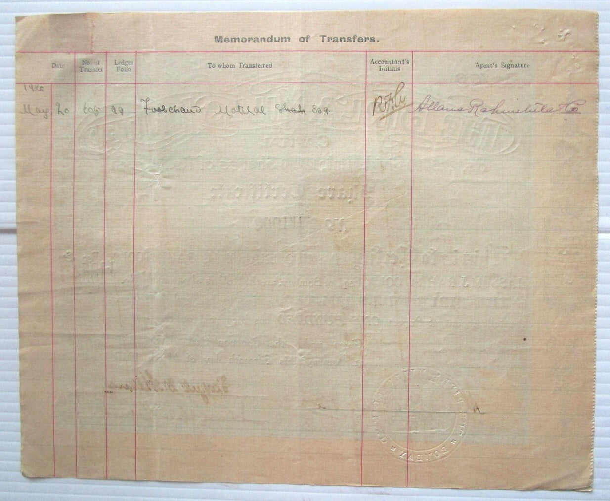 India The Birla Mills 1919 share certificate No- 11992