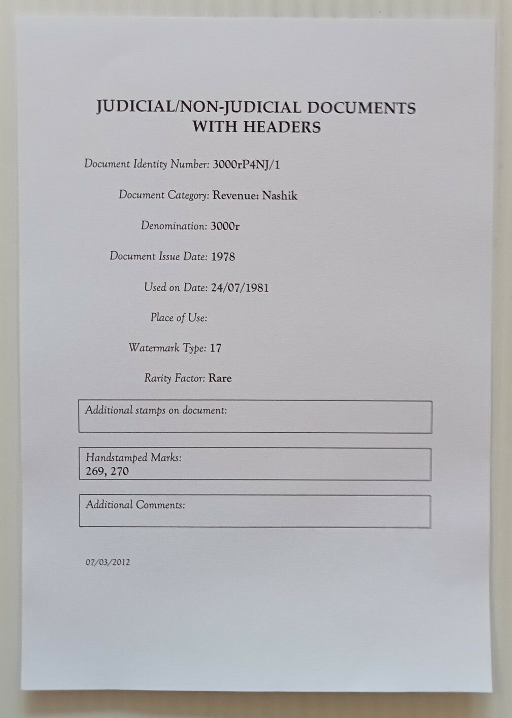 AOP India Capital 3000R stamp paper Wmk Type 17