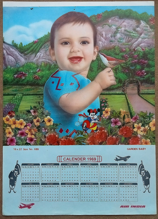 AIR INDIA 1969 poster calender 699 - GARDEN BABY - R