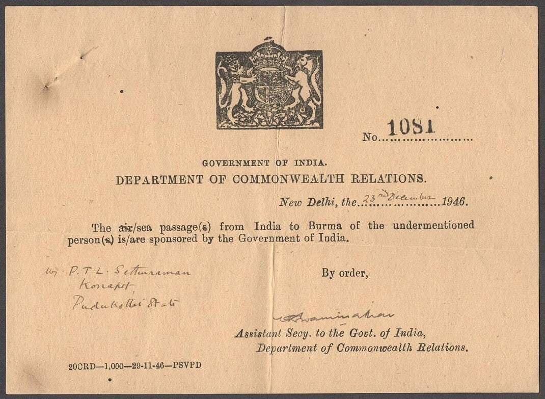 India 1946 Travel Permit for Burma
