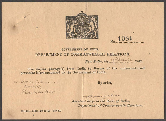 India 1946 Travel Permit for Burma
