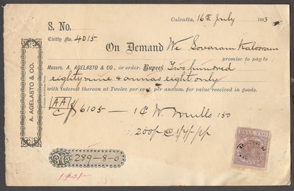 India 1882-84 Demand Notes with Queen Victoria 1a lilac revenue stamps (5)