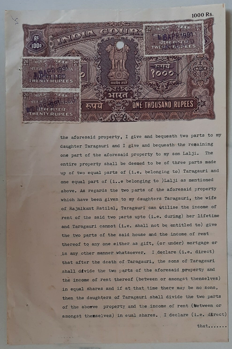 India Capital 1000Rs stamp paper used with cout fees 20r x 3 