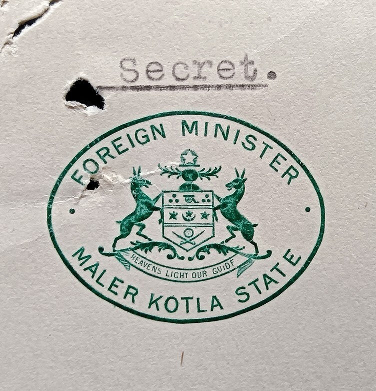 India Maler Kotla State Foreign Minister 1930 signed crested letter