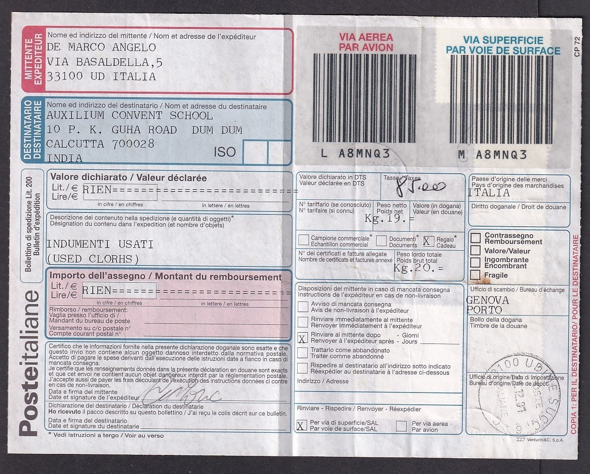 Italy 2001 parcel card to India wi a combination of Lire & dual currency issues