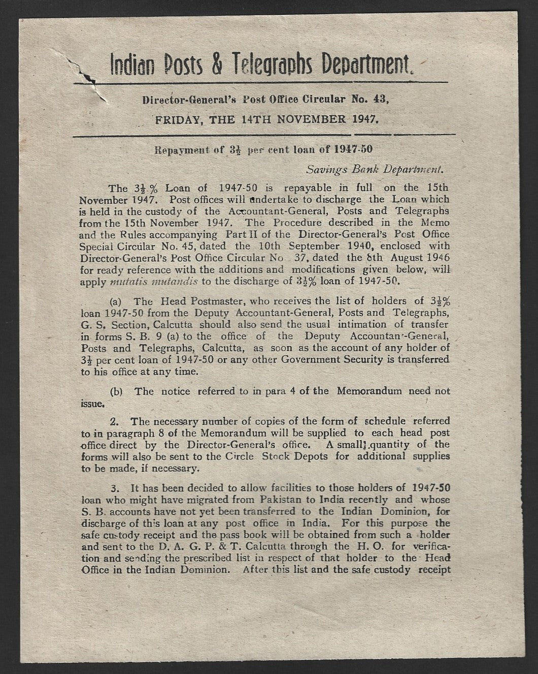 India POSTAL NOTICE No. 42 14th Nov. 1947 Repayment of 3 1/2 % loan + CIRCULAR
