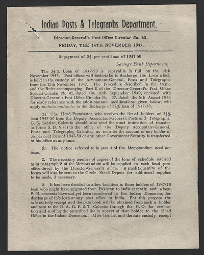 India POSTAL NOTICE No. 42 14th Nov. 1947 Repayment of 3 1/2 % loan + CIRCULAR