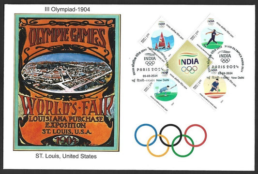 India 2024 Paris Olympics FDC with 1904 St. Louis, US Olympics cachet