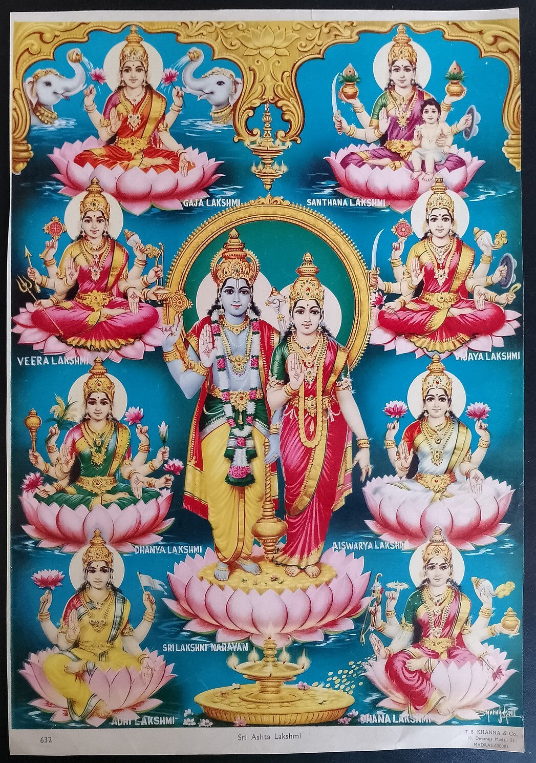 AOP India vintage poster Sri Ashta Lakshmi by J.B. KHANNA & Co. 9x14 inches
