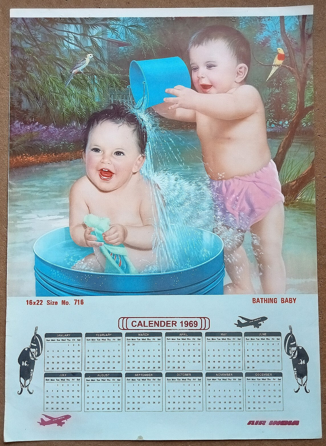 AIR INDIA 1969 poster calender 716 - BATHING BABY - R