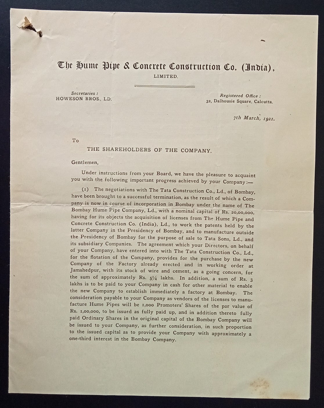 India 1921 Hume Pipe Co. illustrated Progress Report re: negotiations with TATA