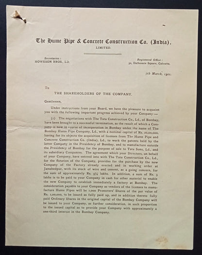 India 1921 Hume Pipe Co. illustrated Progress Report re: negotiations with TATA
