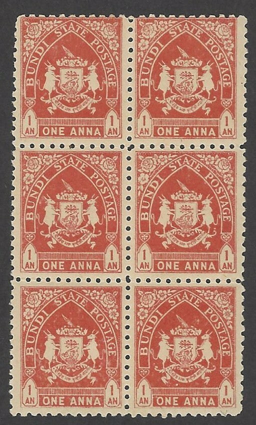 India Bundi State 1941-4 small Holy Cows 1a orange red SG 81 block of 6 MNH