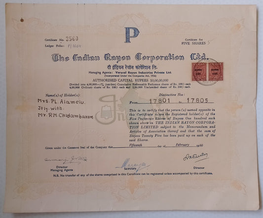 (AOP) India share certificate - 1960 INDIAN RAYON