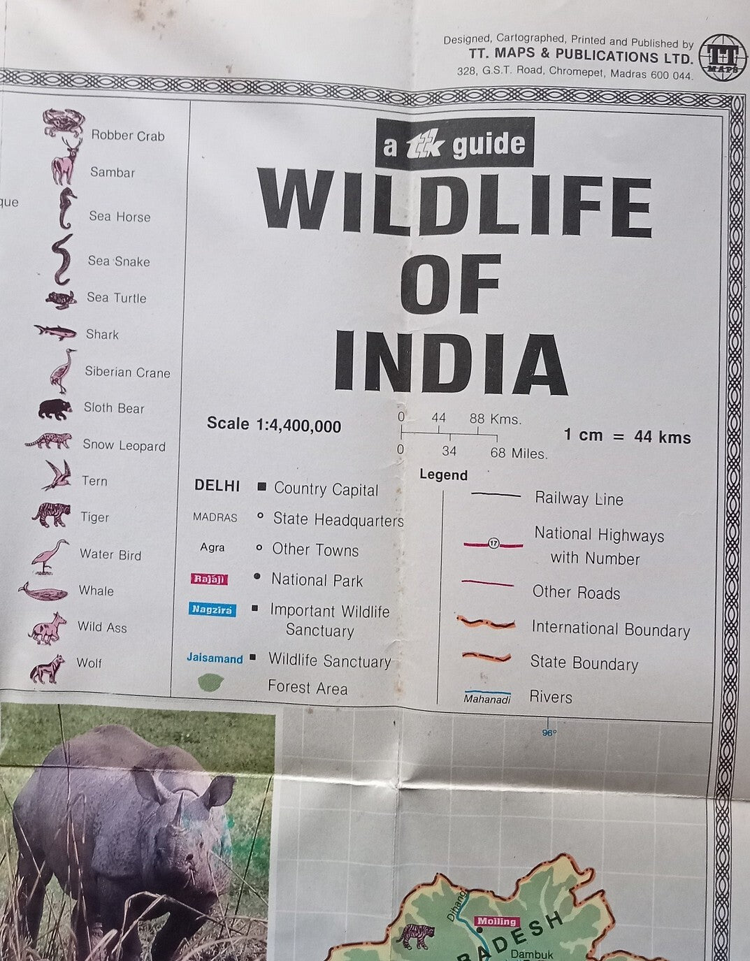 AOP India Guide To India WILDLIFE 1991 with multi colour illustrated map