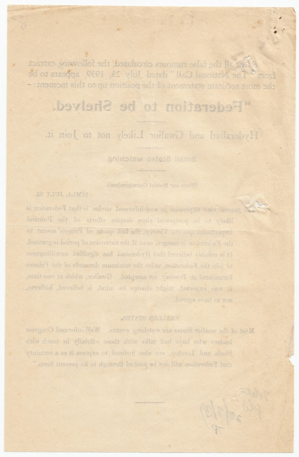India -  Federtion To Be Shelved 1939 flyer leaflet