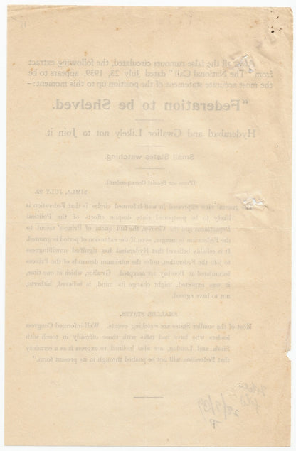 India -  Federtion To Be Shelved 1939 flyer leaflet