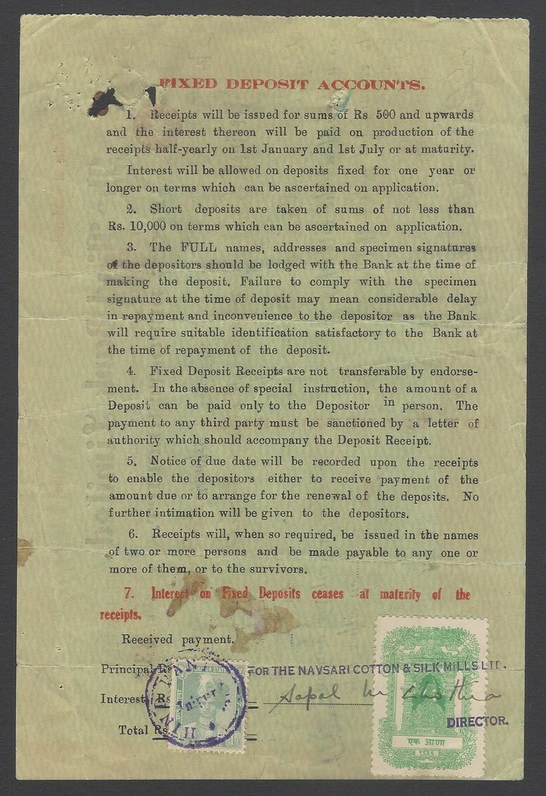 AOPIMT India 1941 Fixed Deposit Receipt with revenue stamps of Baroda & Jaipur 