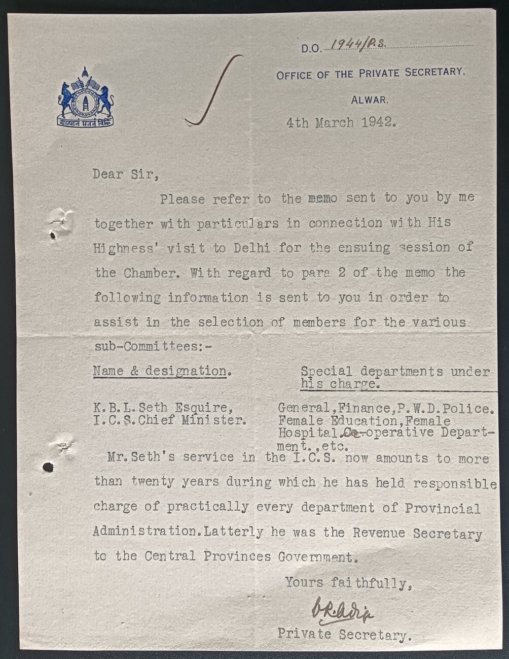 India 1942 crested letter PRIVATE SECRETARY / ALWAR STATE