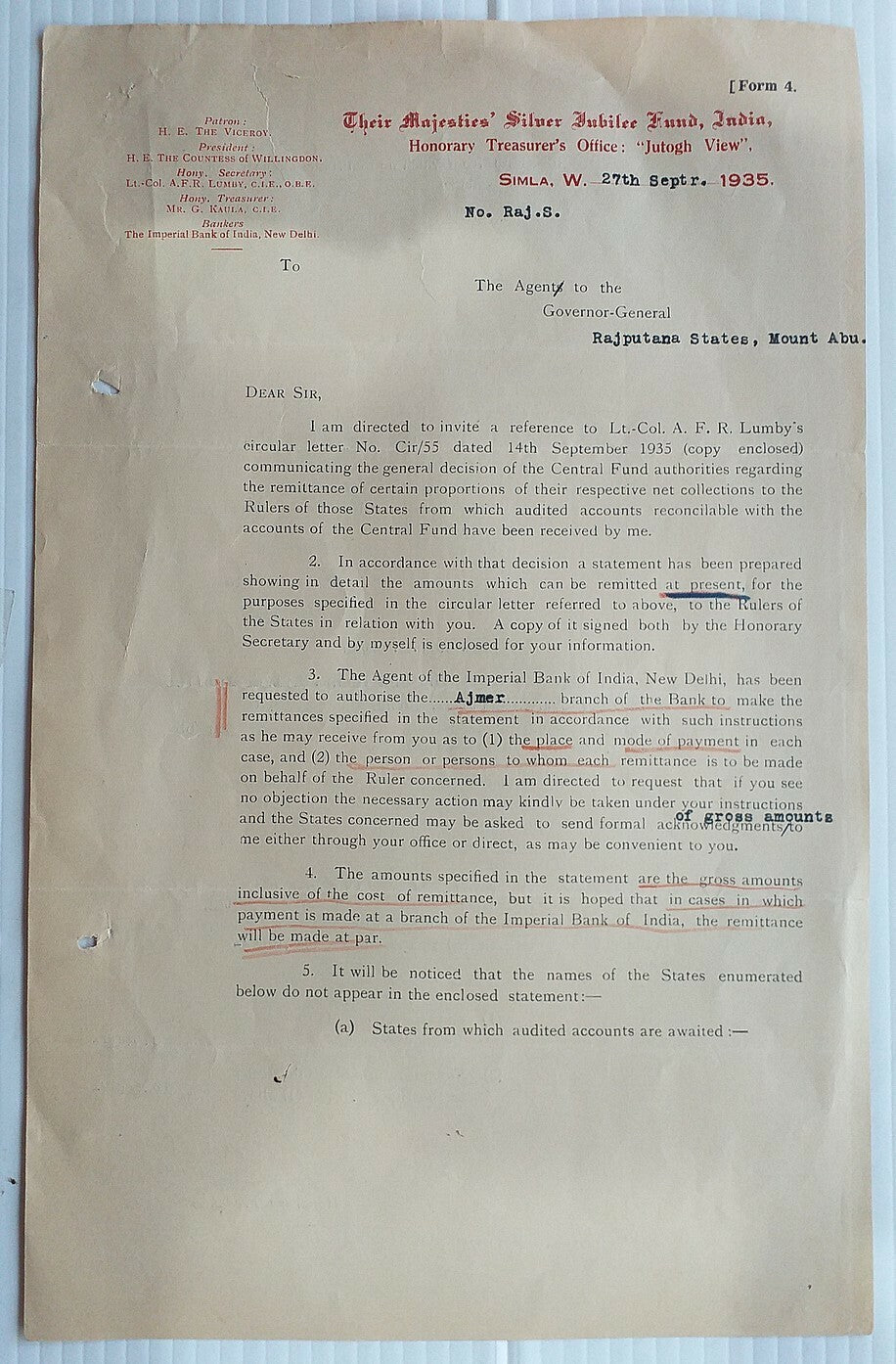 India 1935 Silver Jubilee Fund used signed letterhead