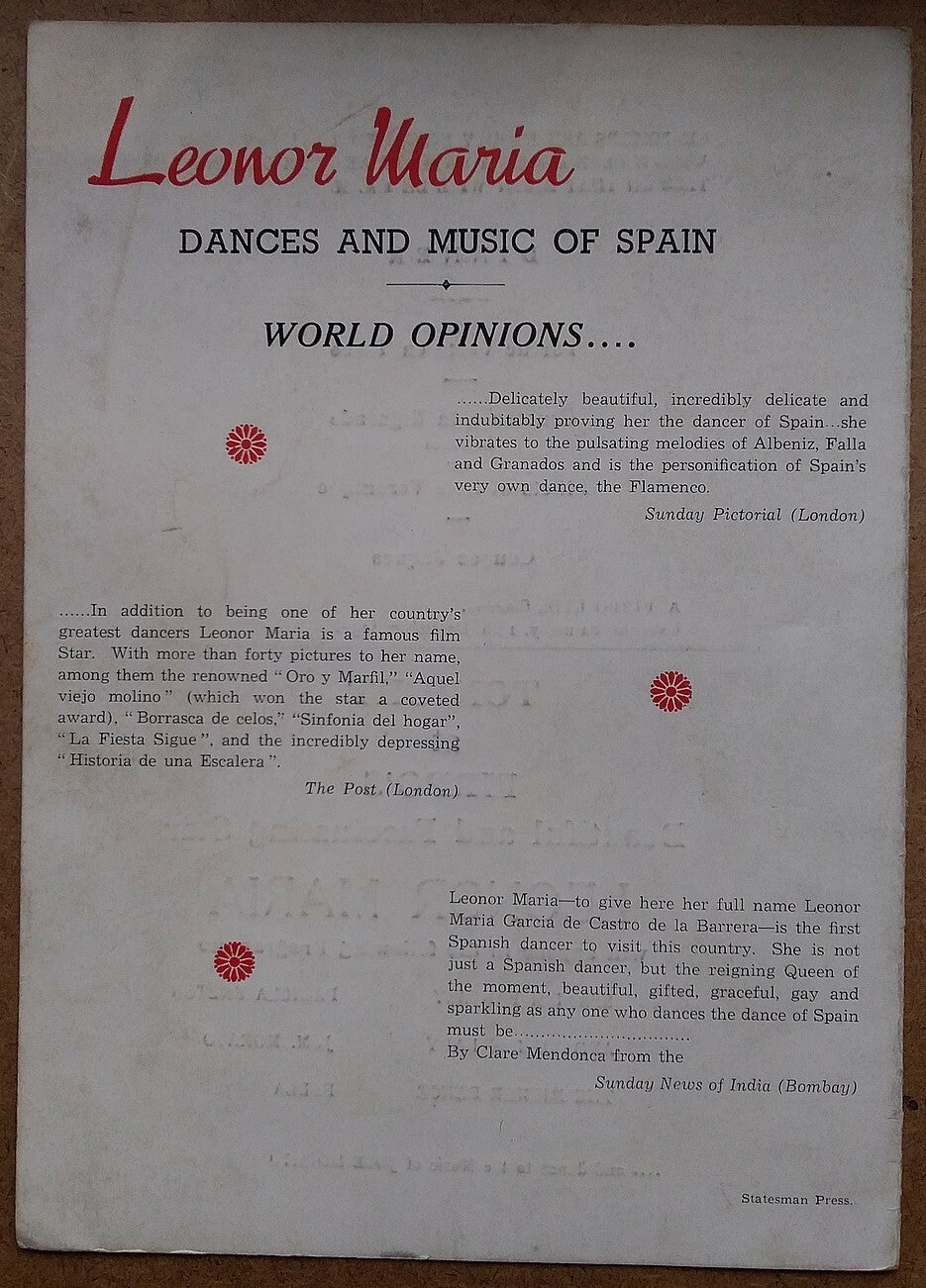 India 1952 illustrated Dance Programme LEONOR MARIA of Spain