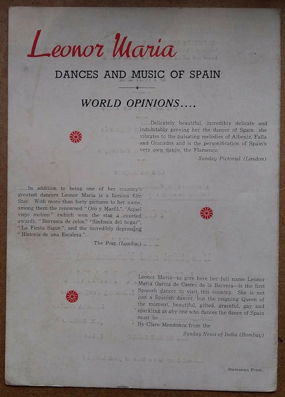 India 1952 illustrated Dance Programme LEONOR MARIA of Spain