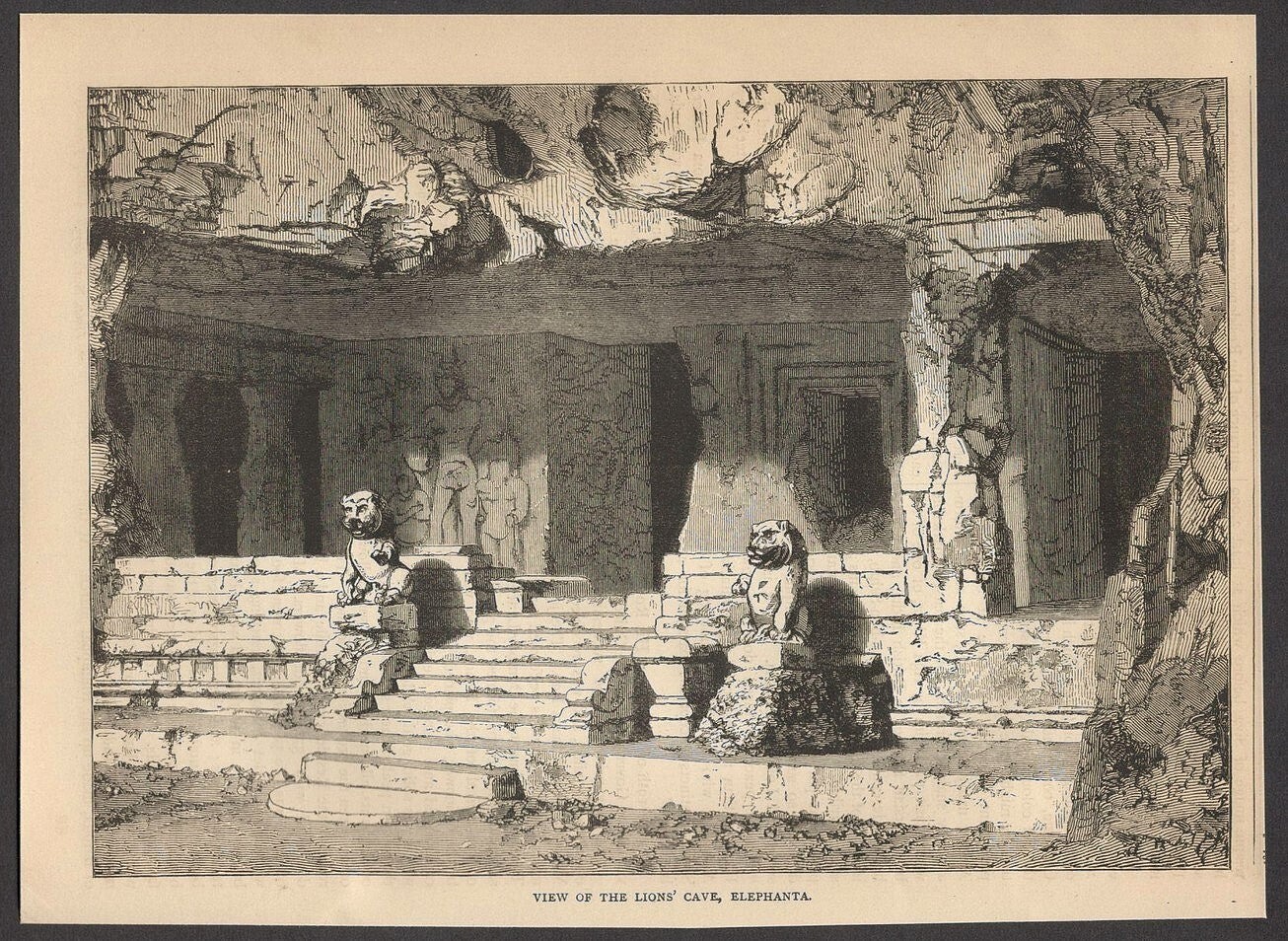 India VIEW OF THE LIONS' CAVE, ELEPHANTA engraved print - Rousslet 1876 9"x6.5"