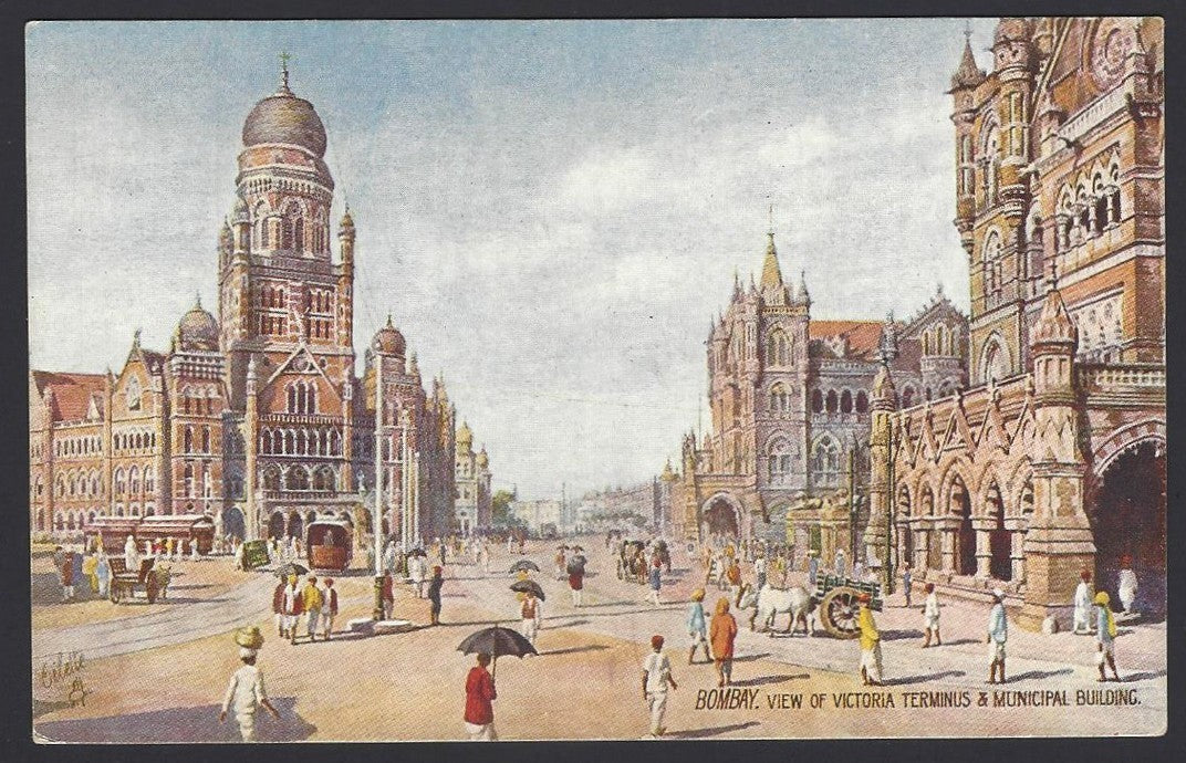 India BOMBAY View of Victoria Terminus & Municipal Buldg vintage colour postcard
