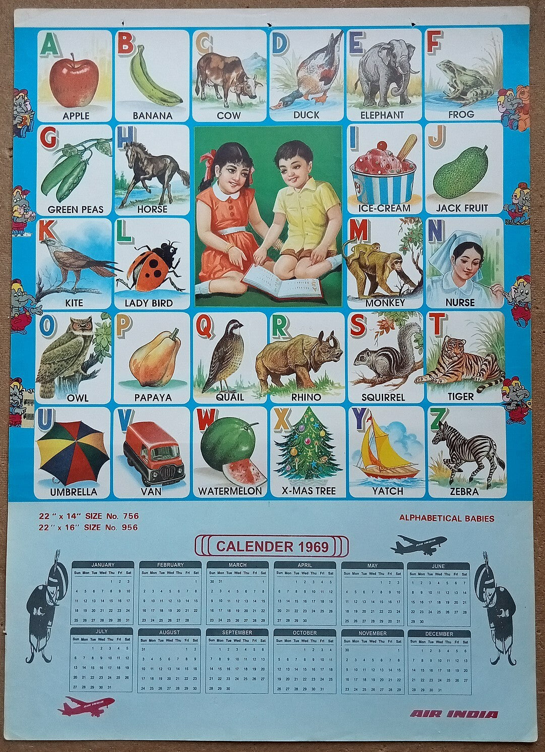 AIR INDIA 1969 poster calender 956 - ALPHABETICAL BABIES - R
