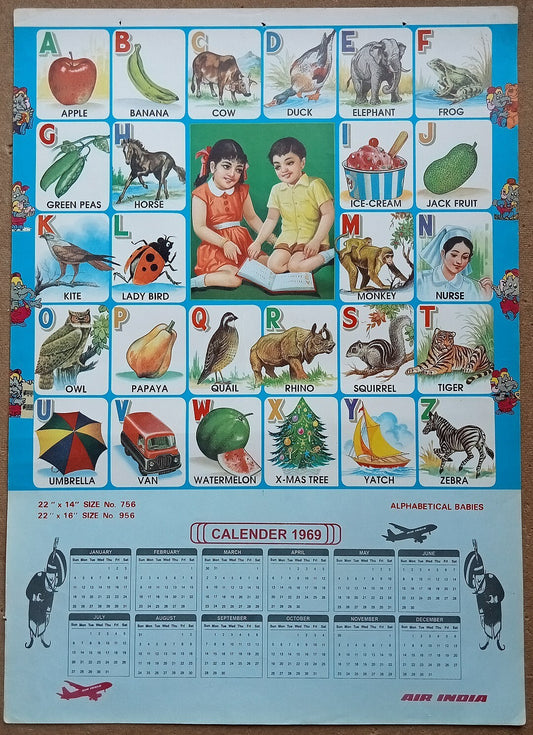 AIR INDIA 1969 poster calender 956 - ALPHABETICAL BABIES - R