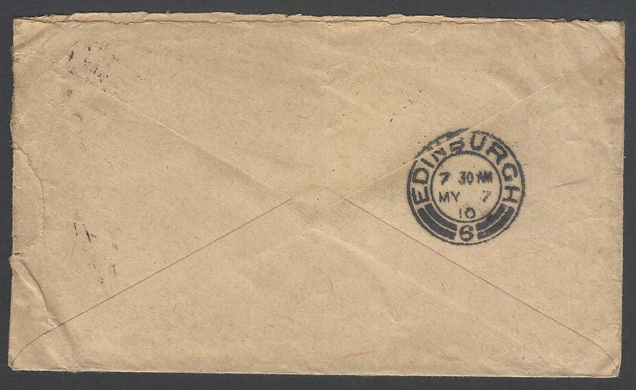 AOPIMT India KEdVII long 1/2a envelope uprated 3a/2a & 1a used 1910 to Scotland