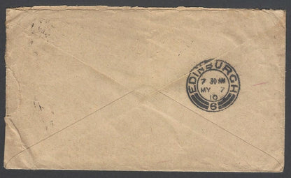 AOPIMT India KEdVII long 1/2a envelope uprated 3a/2a & 1a used 1910 to Scotland