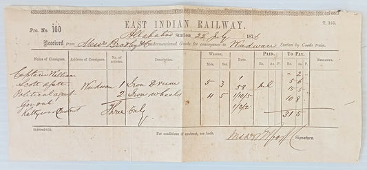 AOP East Indian Railway 1876 Freight receipt for Political Agent, Gondal
