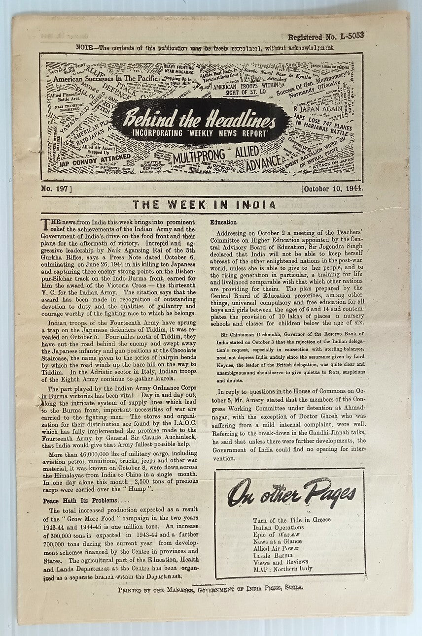 AOP India 1944 WW2 Propaganda rag BEHIND THE HEADLINES PEP TALK BY GEOBBELS 8pgs