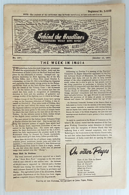AOP India 1944 WW2 Propaganda rag BEHIND THE HEADLINES PEP TALK BY GEOBBELS 8pgs