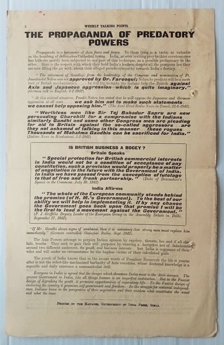 AOP India Natl War Front Leaflet The Propaganda of Predatory Powers 2pgs