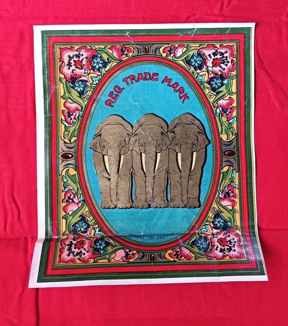India vintage red shirting cloth sample 36" x 51" with brand labels 3 Elephants